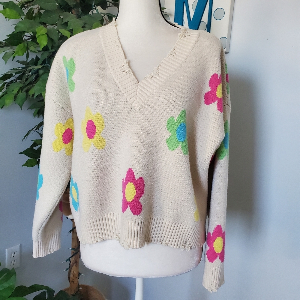 BAILEY ROSE Distressed Shabby Chic Retro Oversized Sweater L
